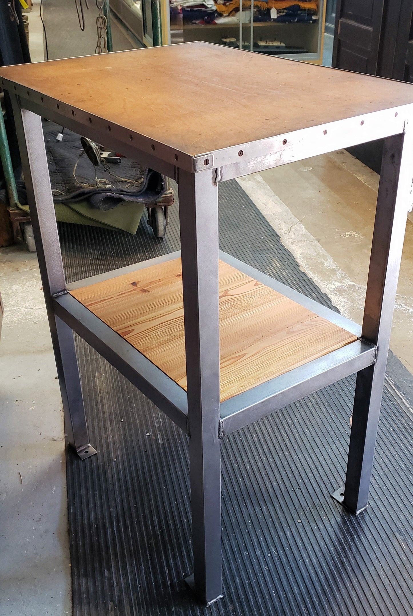 Reclaimed Boeing Factory Steel & Heart Pine Flooring Industrial Table #GA9064