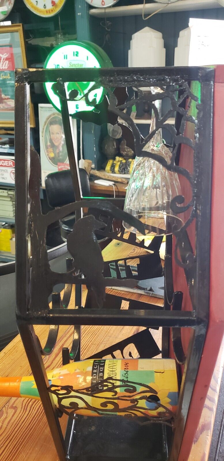 Custom Hand Crafted Coffin Shaped Iron & Wood Wine Rack Display - Signed