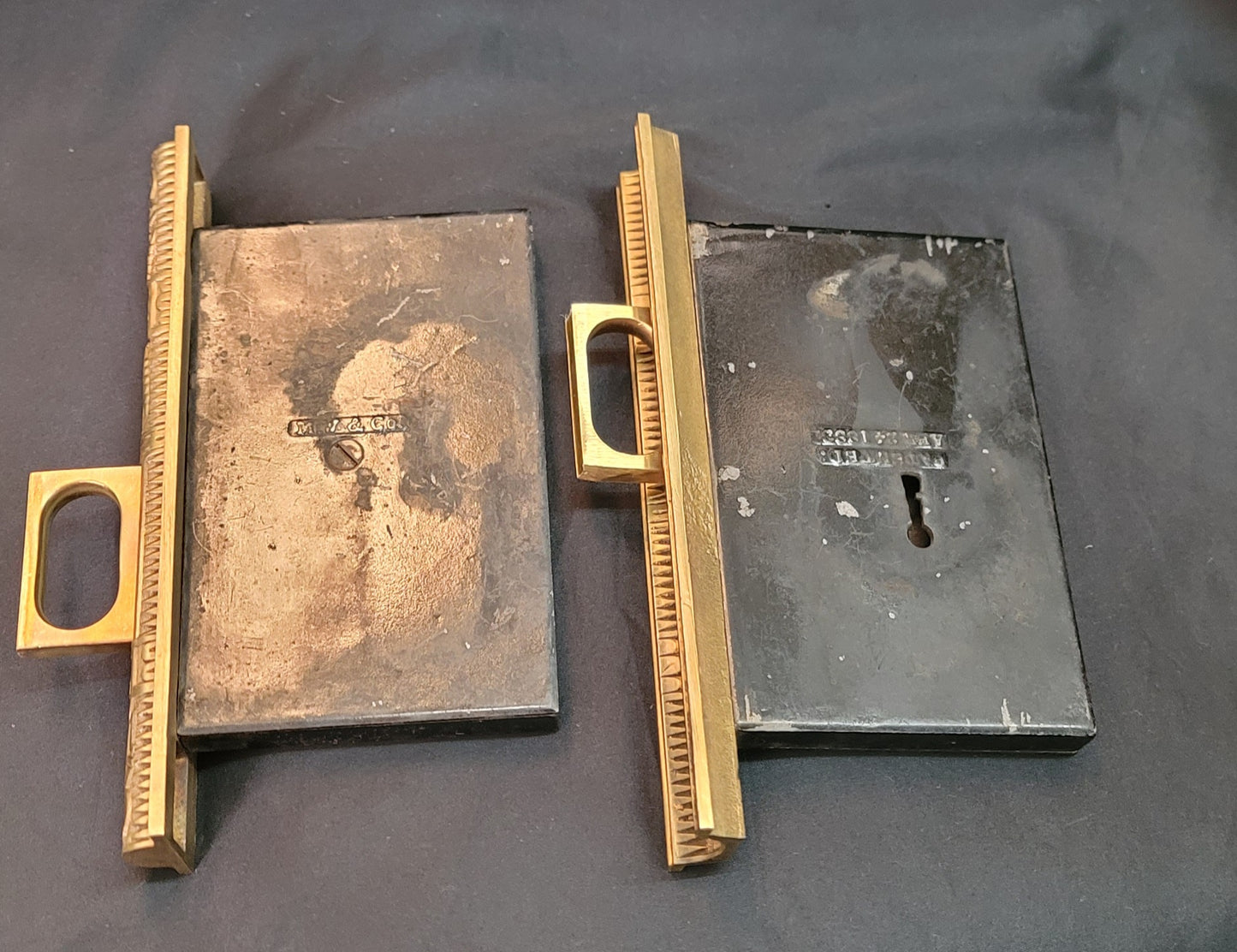 Restored Victorian Eastlake Pocket Door Lock Set 5 3/8" x 3 7/8" GS01045