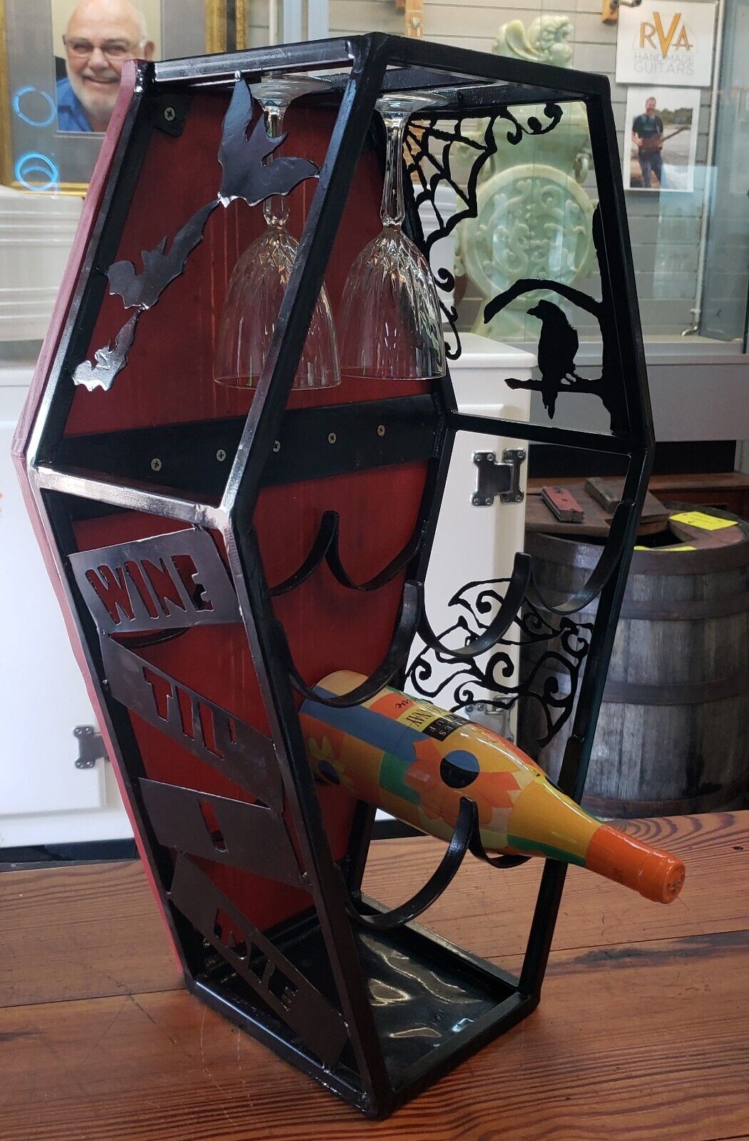 Custom Hand Crafted Coffin Shaped Iron & Wood Wine Rack Display - Signed