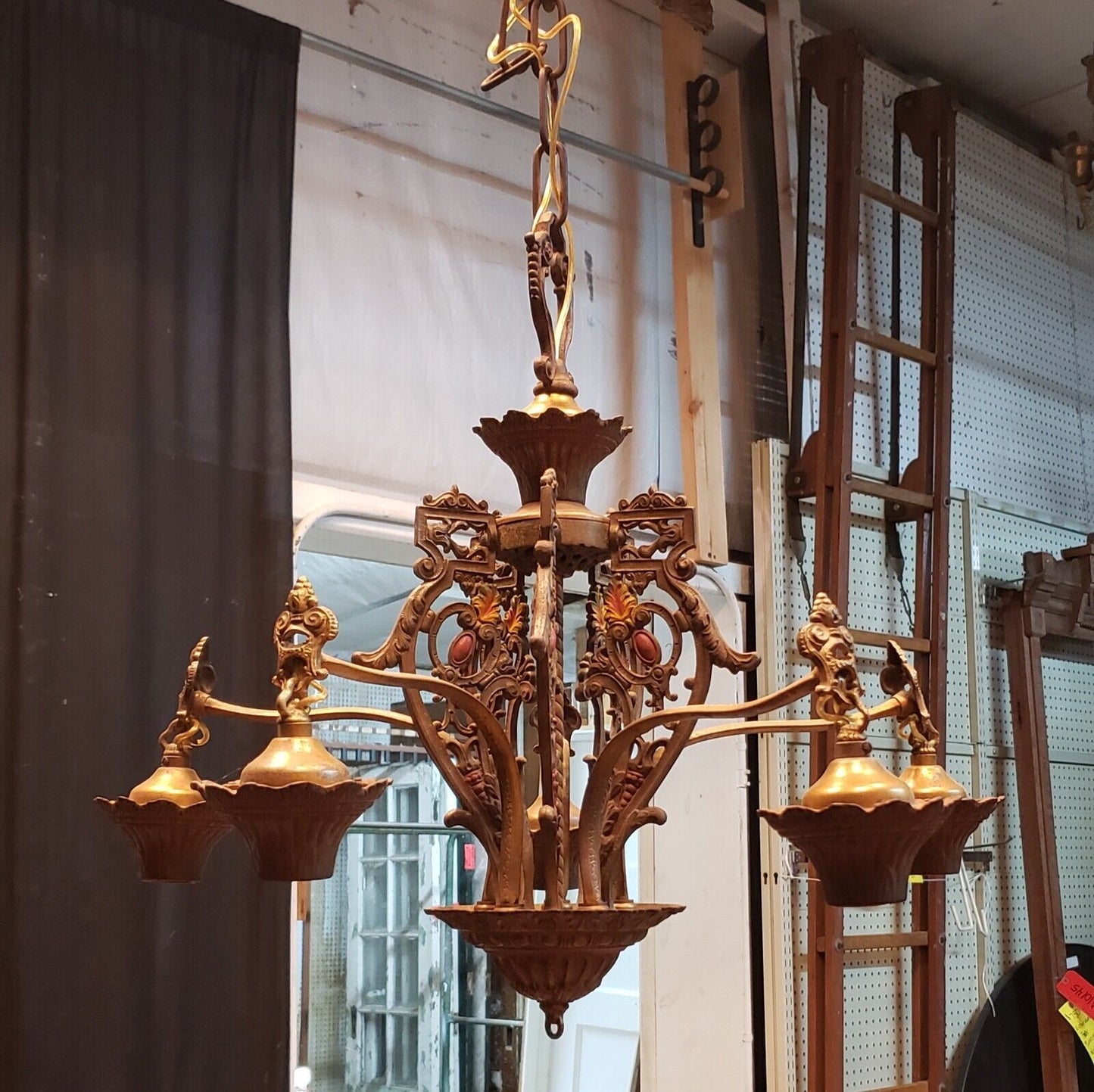 Art Nouveau Ornate Cast Iron Filigree 5 Light Chandelier 20" x 19" GA739