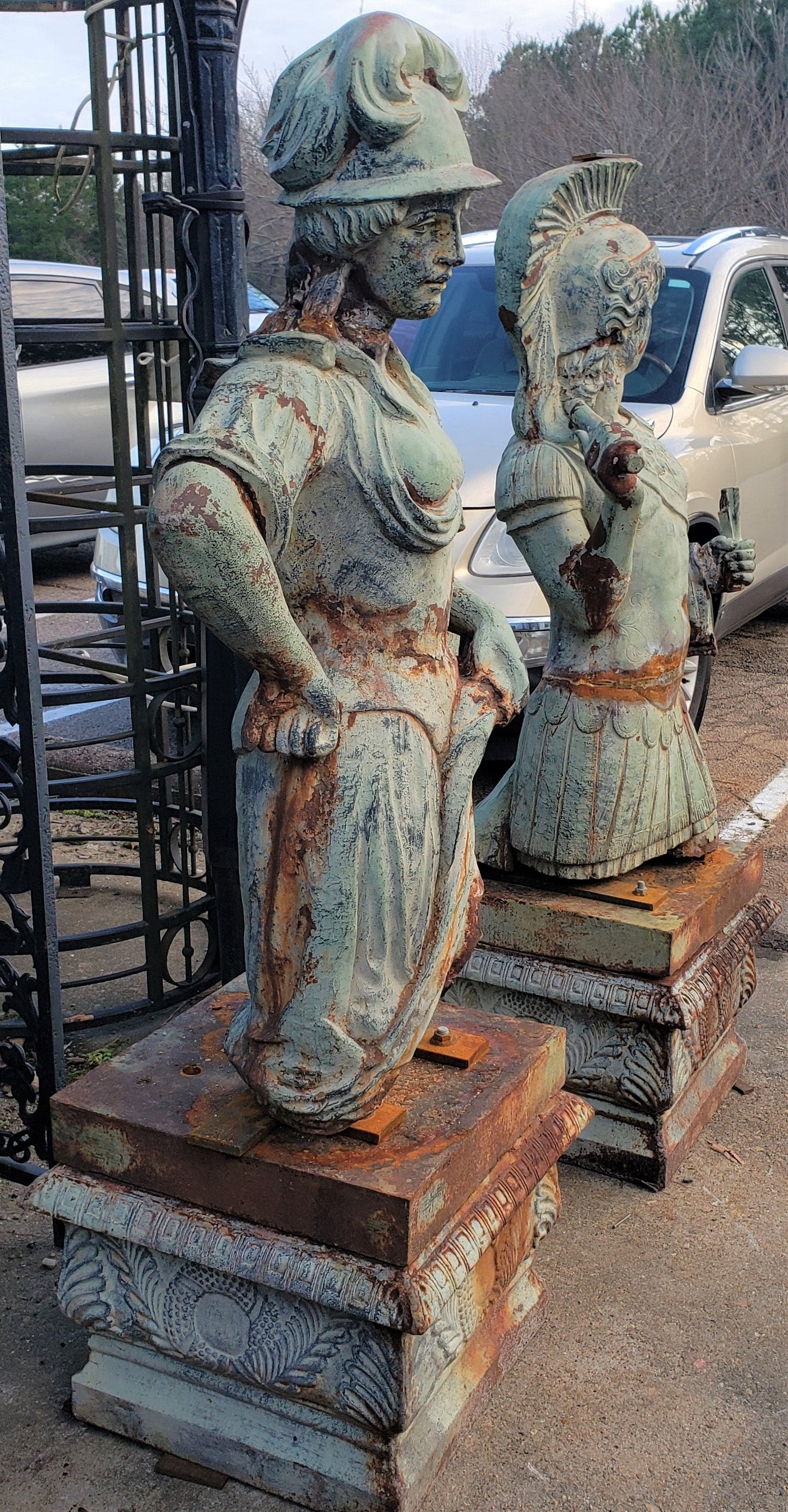 Antique Cast Iron Man & Woman Trojan Soldiers on Ornate Pedestals #trojan