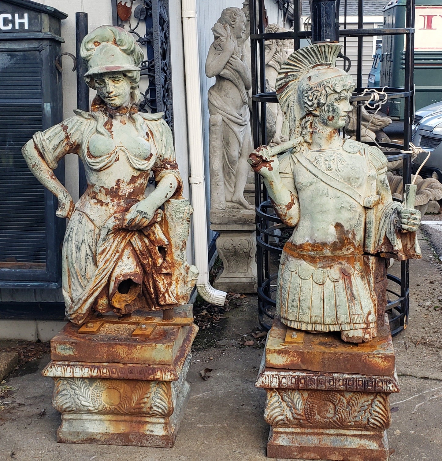 Antique Cast Iron Man & Woman Trojan Soldiers on Ornate Pedestals #trojan