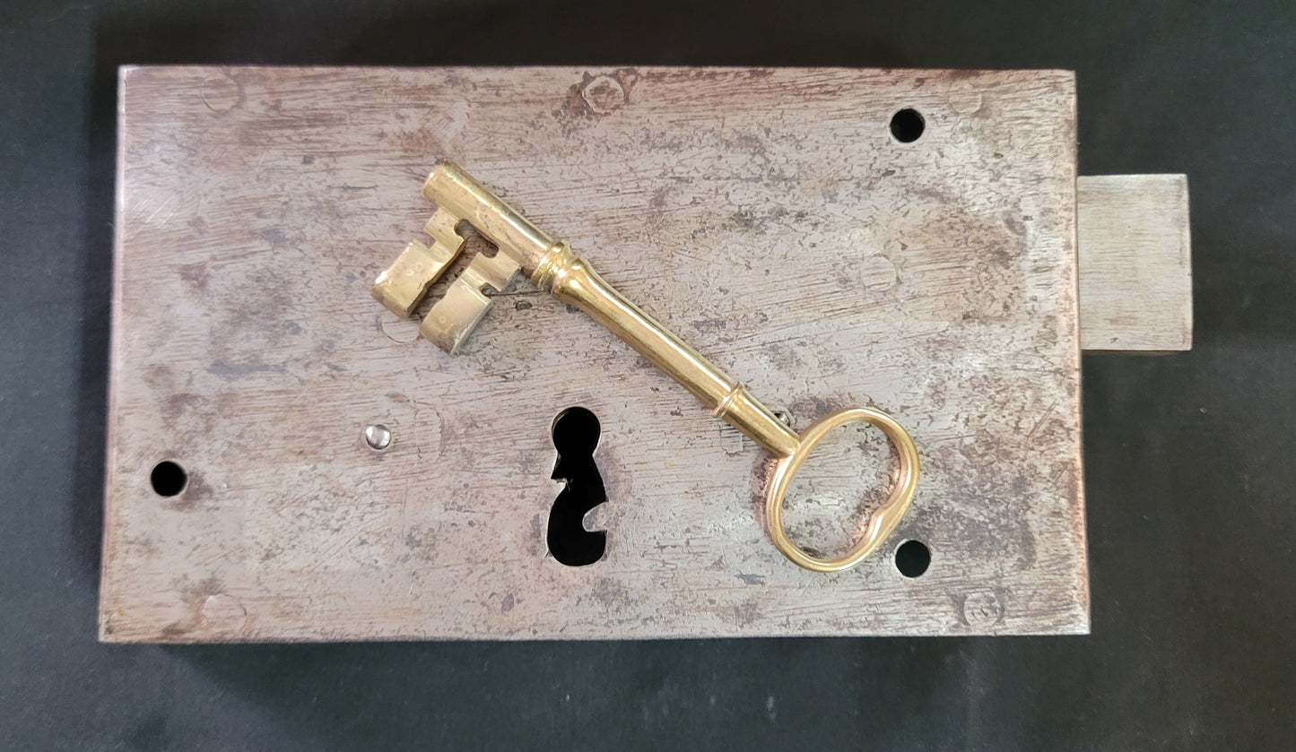 Restored Right Side Rim Lock Set w/ Keeper & Key 7 1/8" wide x 4 3/8" GS00989