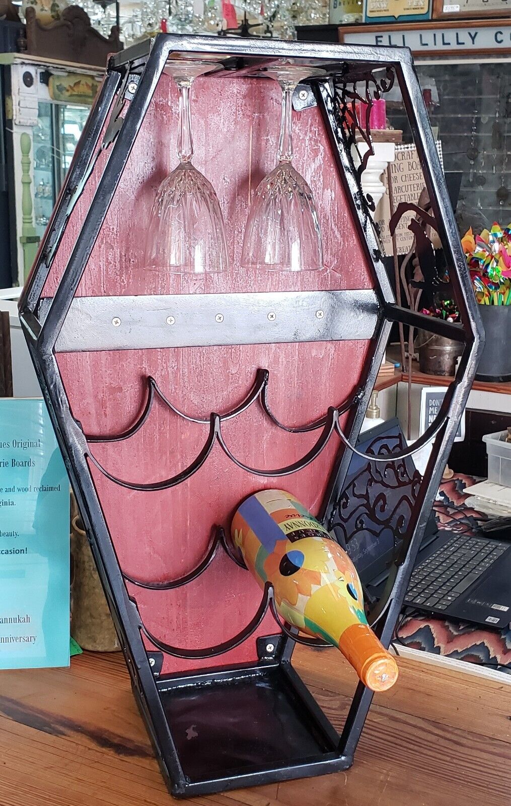 Custom Hand Crafted Coffin Shaped Iron & Wood Wine Rack Display - Signed