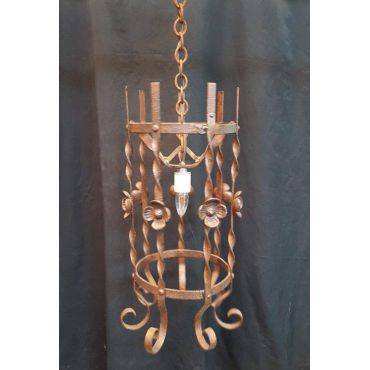 Twisted Hand Wrought Iron One LIght Chandelier With Flower Petal Accents GA527