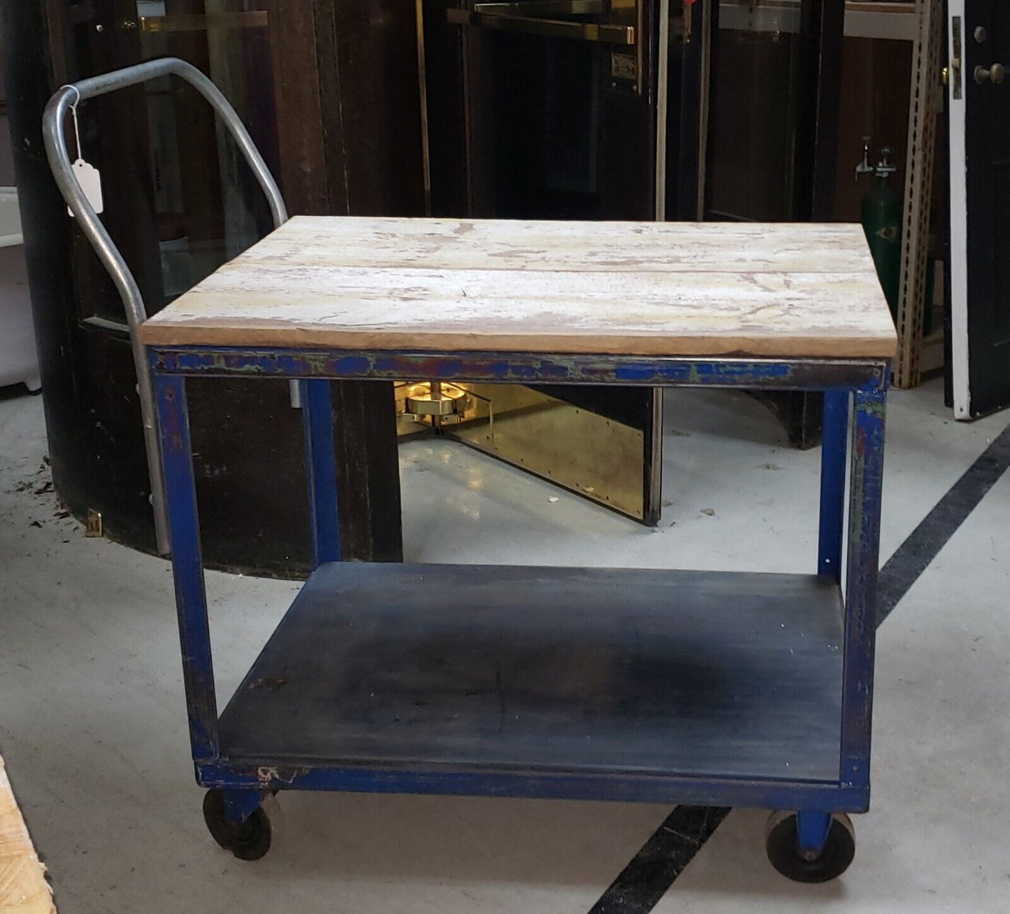 Reclaimed Two Level Steel Factory Cart with Barn Wood Top