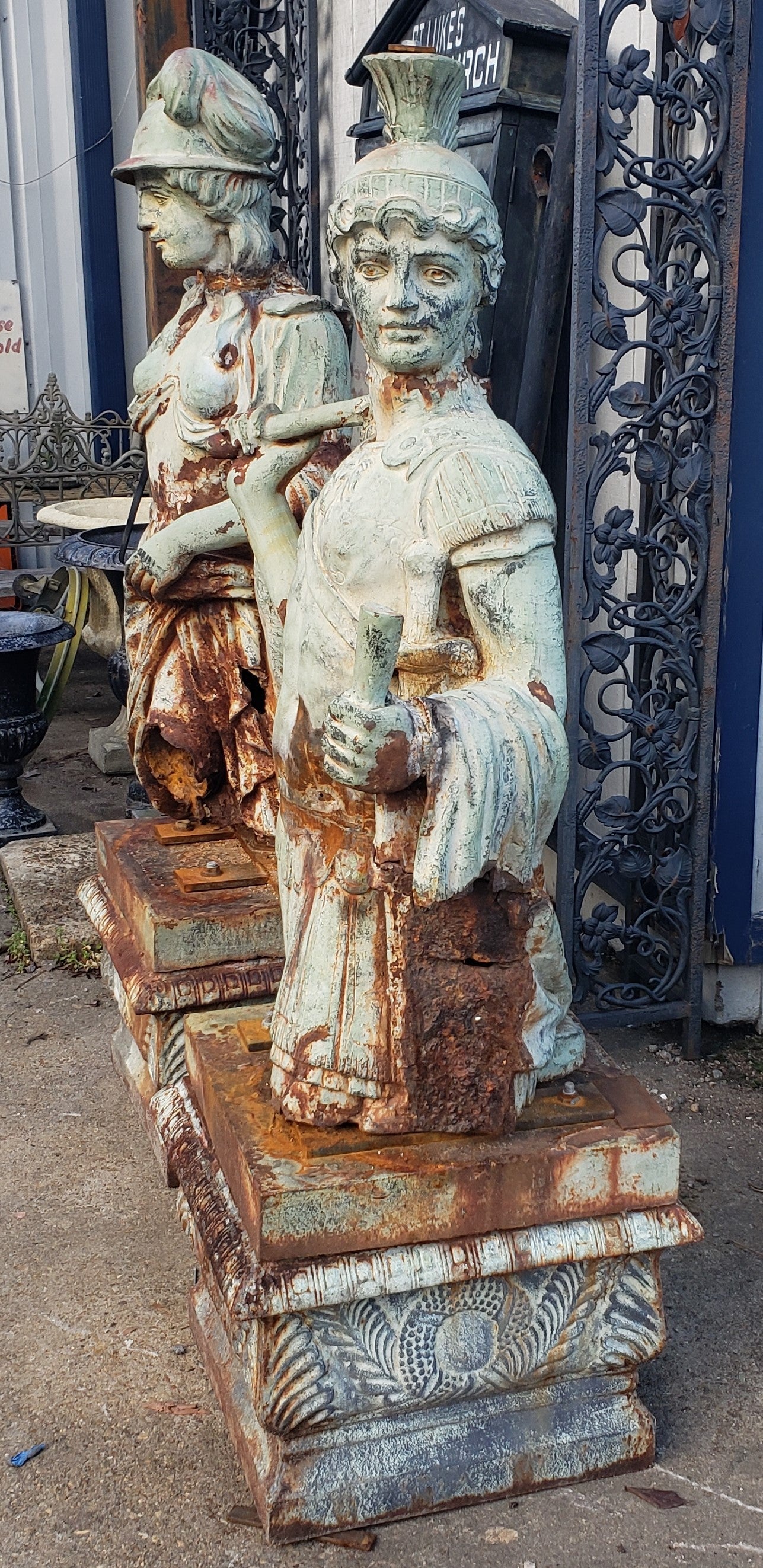 Antique Cast Iron Man & Woman Trojan Soldiers on Ornate Pedestals #trojan