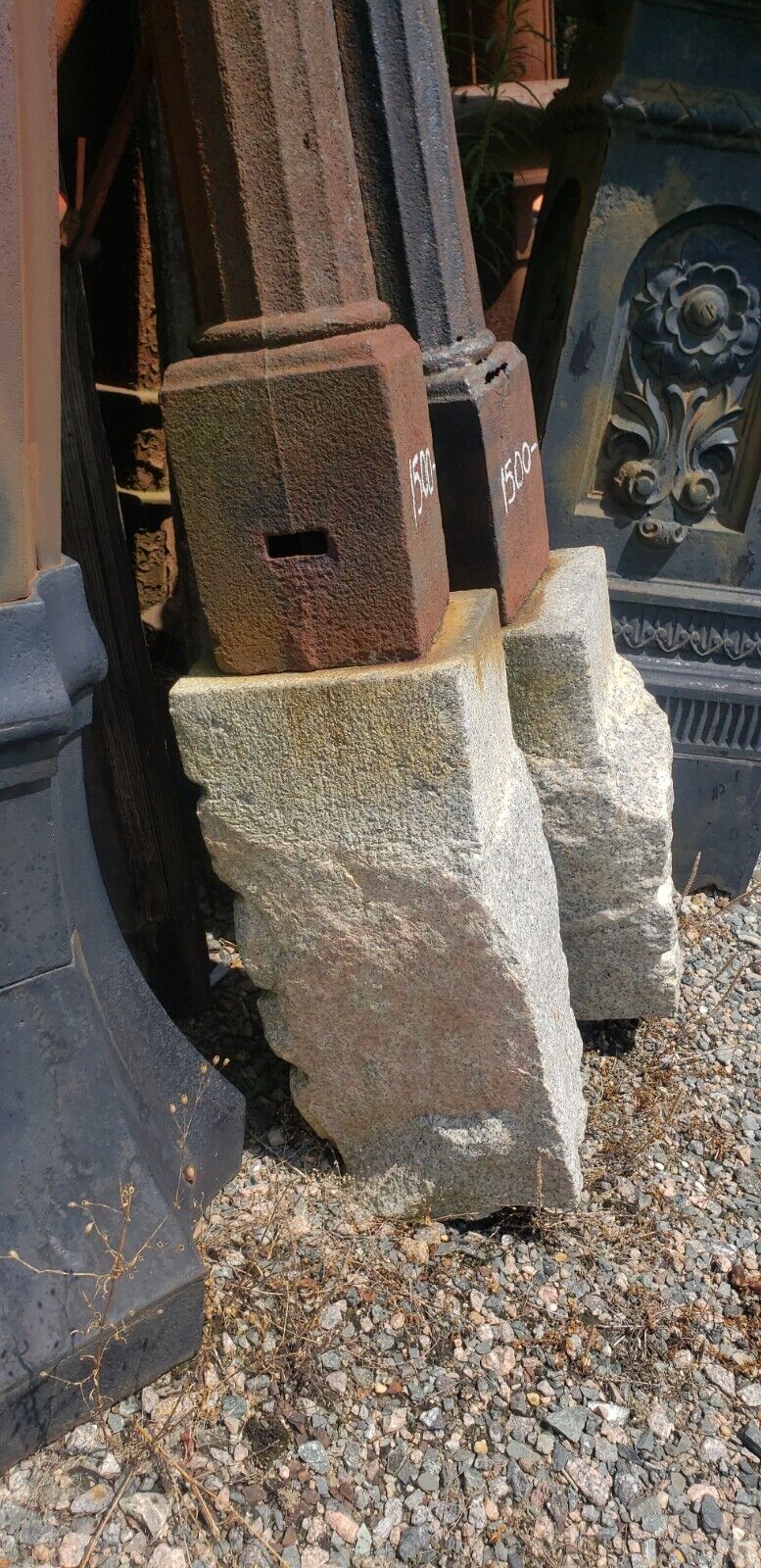 Pair of Cast Iron Fluted Pineapple Top Newel Posts on Granite Anchors GA9348