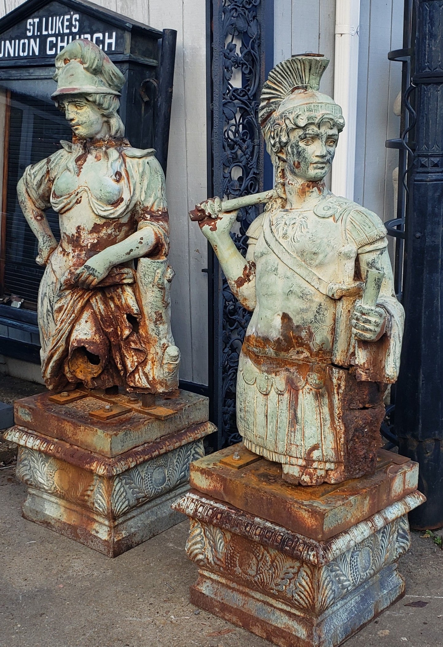 Antique Cast Iron Man & Woman Trojan Soldiers on Ornate Pedestals #trojan