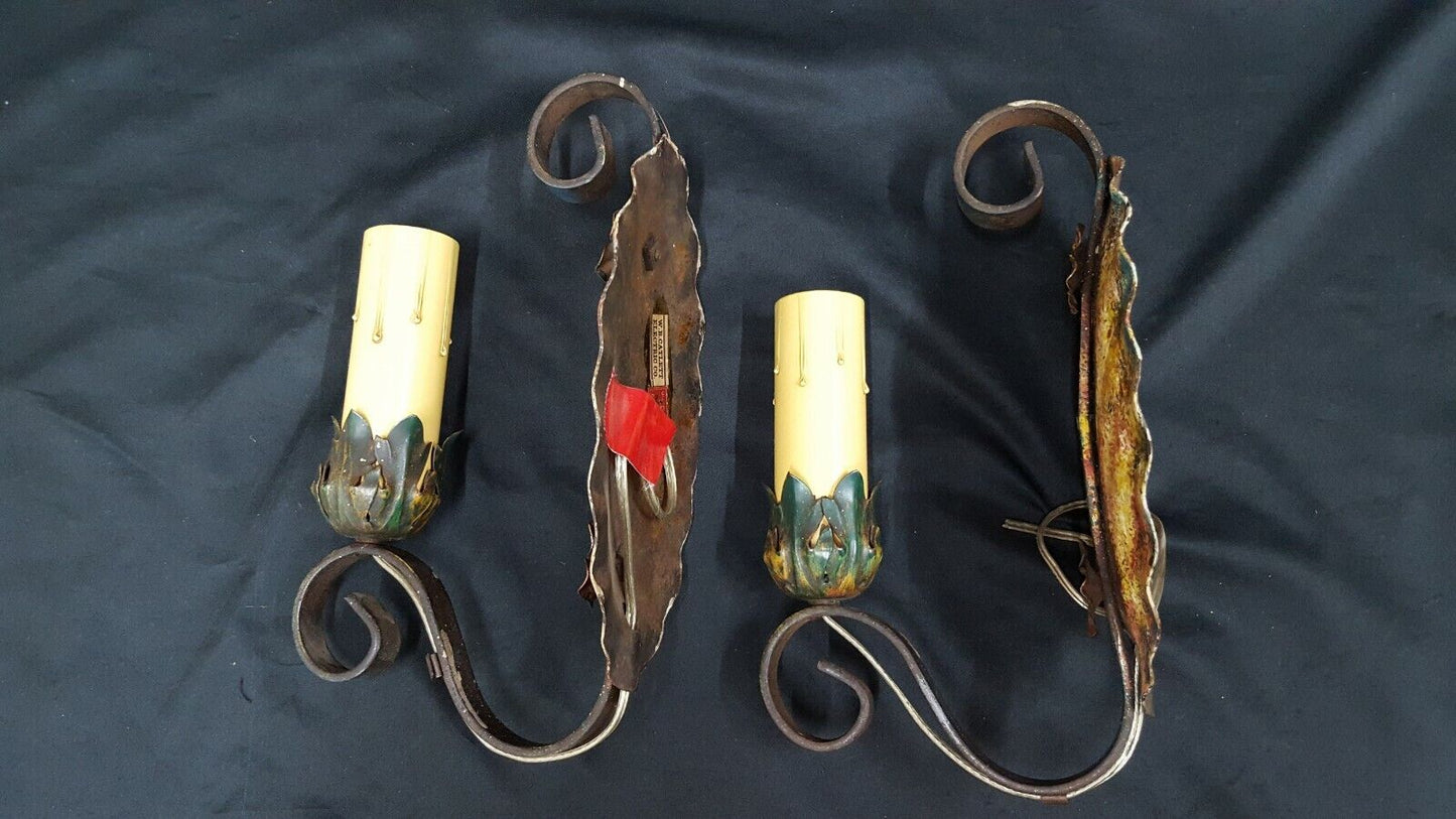 Pair of Architectural Salvage Art Deco Wrought Iron Multicolored Wall Sconces