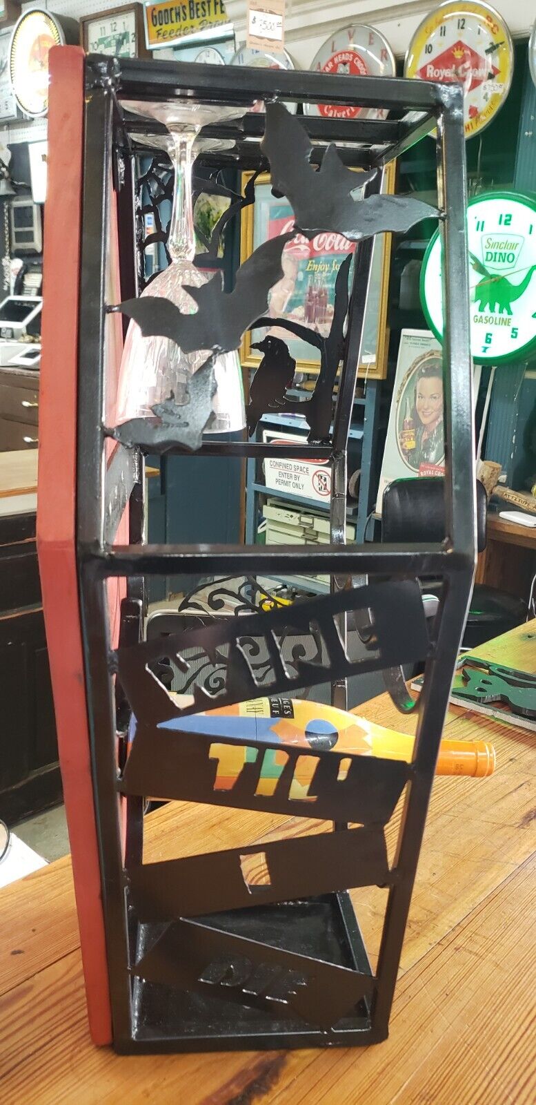 Custom Hand Crafted Coffin Shaped Iron & Wood Wine Rack Display - Signed