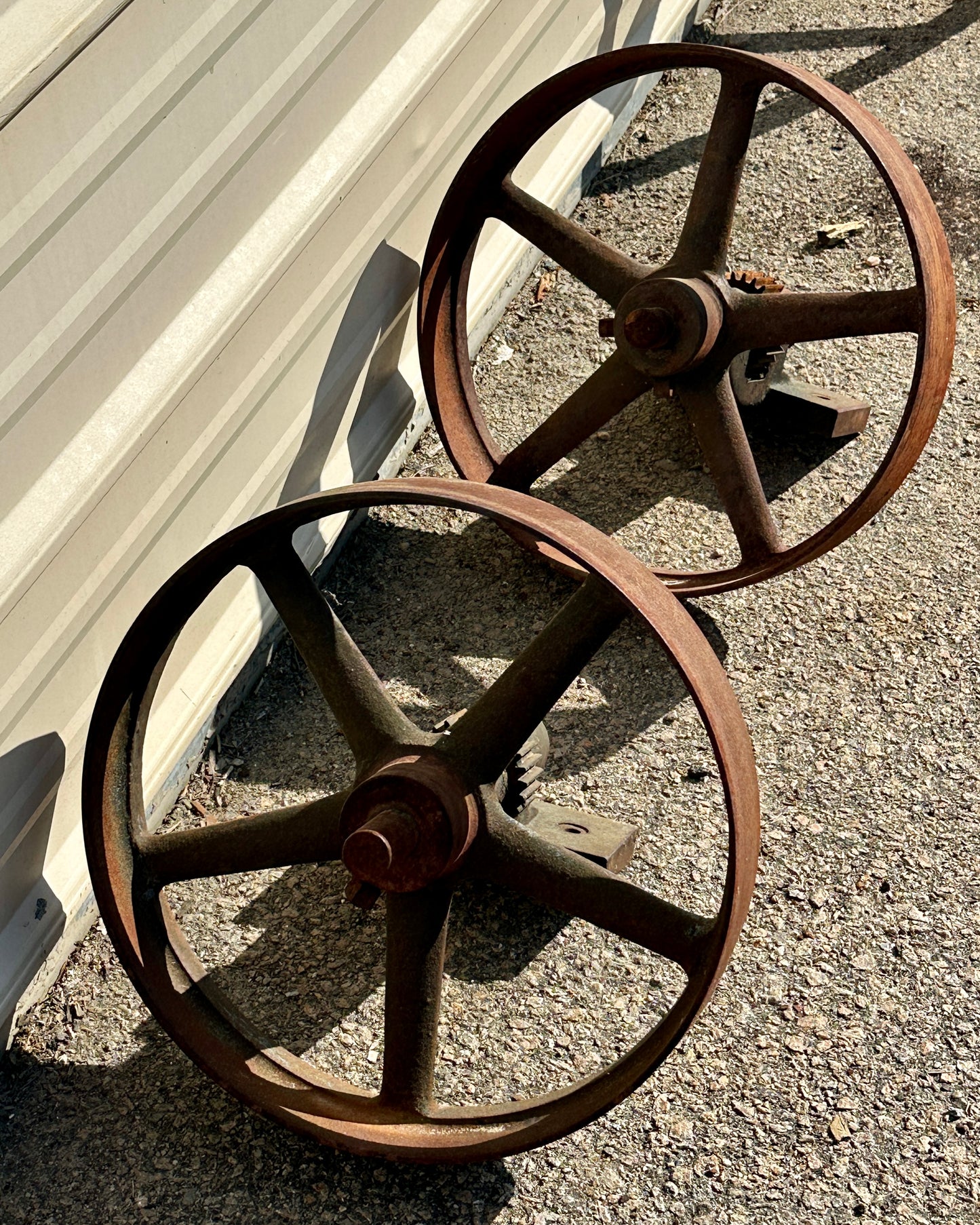 Antique Industrial Cast Iron Pulley Wheel Pair GA20912