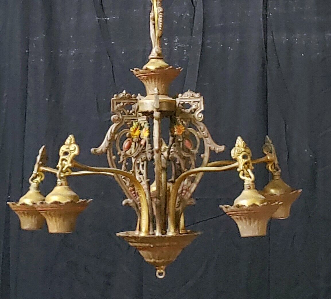 Art Nouveau Ornate Cast Iron Filigree 5 Light Chandelier 20" x 19" GA739