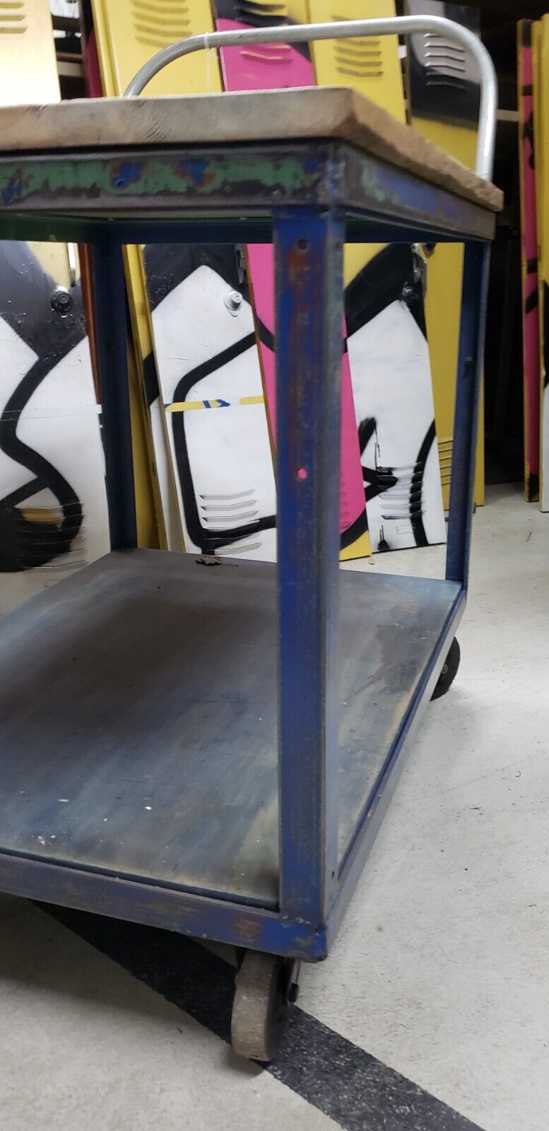 Reclaimed Two Level Steel Factory Cart with Barn Wood Top