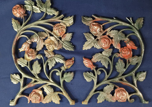 2 Ornate Cast Iron Rose & Leaf Pattern Decorative Panels Painted GS00916