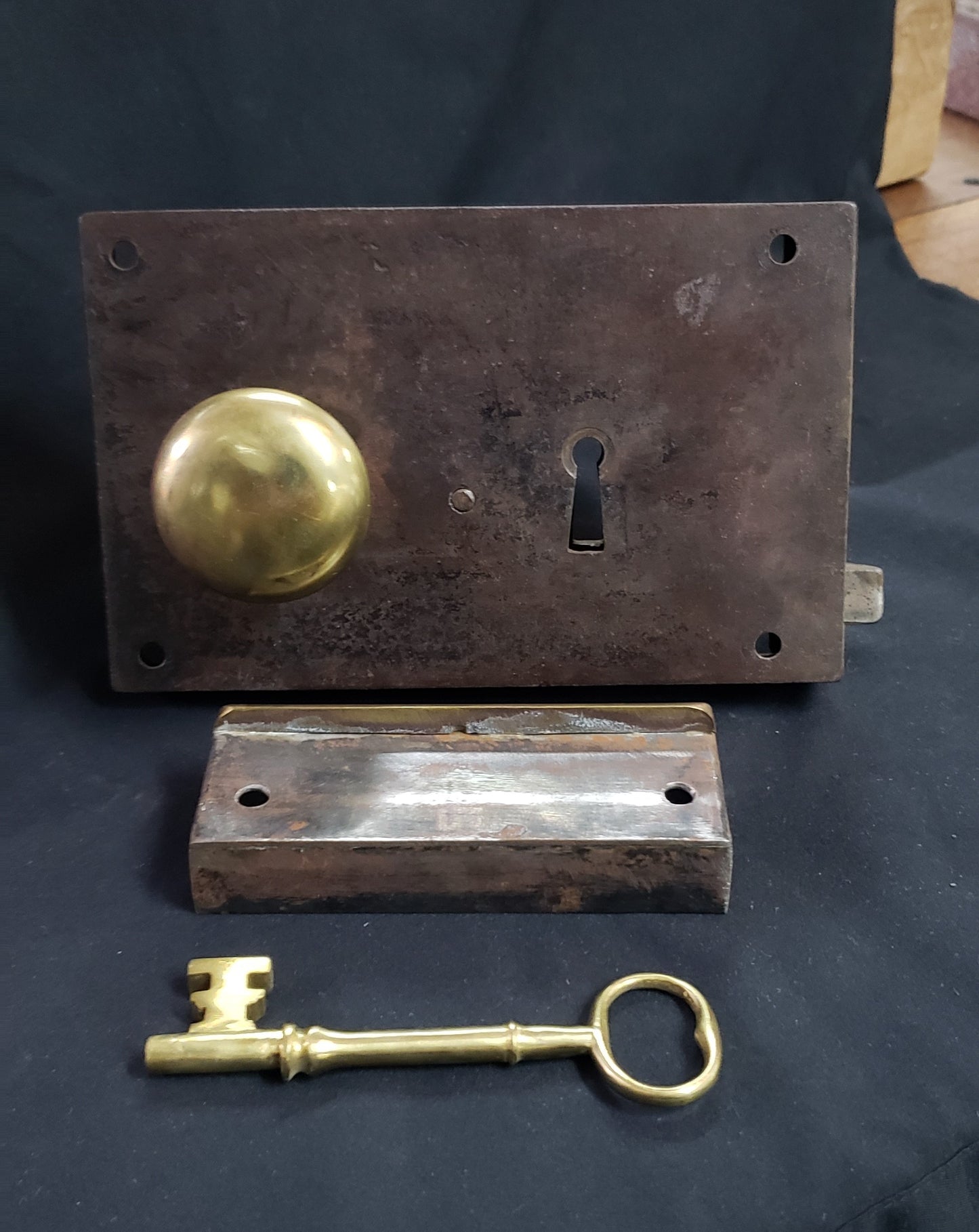 Restored Right Side Carpenter Style Rim Lock Set w/ Key 6 1/2" x 4 1/8" GS00991