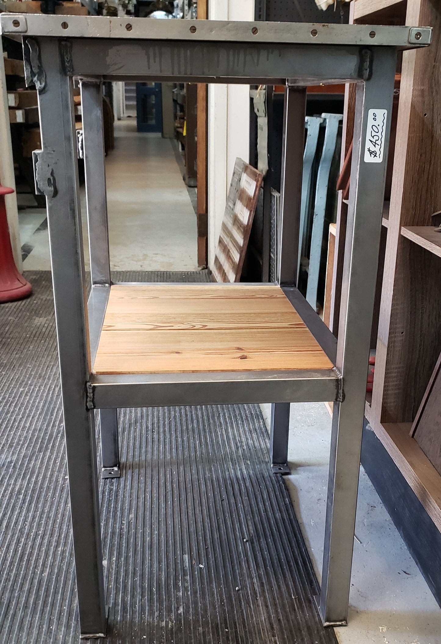 Reclaimed Boeing Factory Steel & Heart Pine Flooring Industrial Table #GA9064