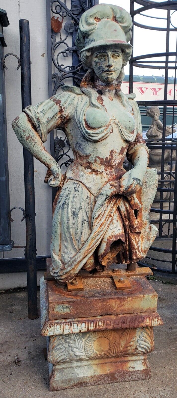 Antique Cast Iron Custom Made Man & Woman Trojan Soldiers on Ornate Pedestals