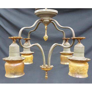 Rare 1920's Wrought Iron 4 Light With Amber Iridescent Shades Chandelier #GA69