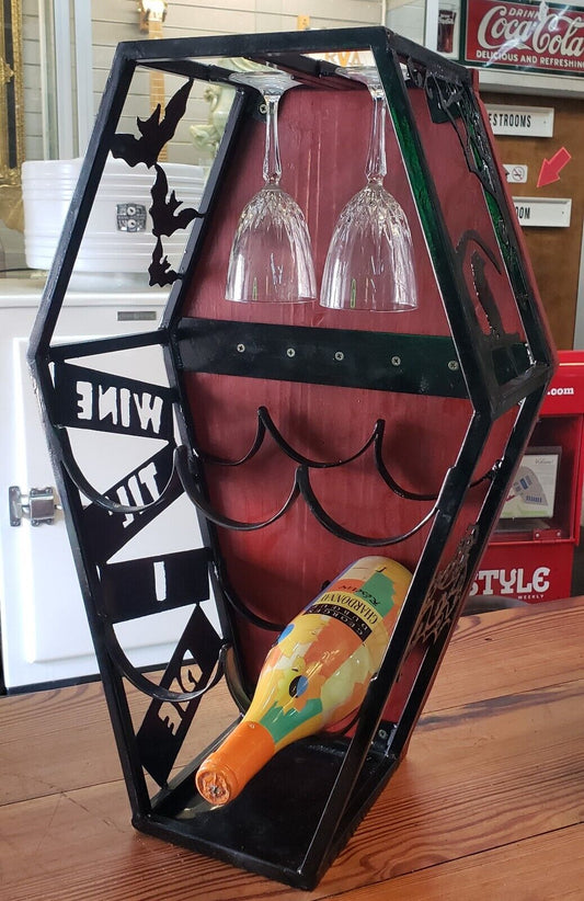 Custom Hand Crafted Coffin Shaped Iron & Wood Wine Rack Display - Signed