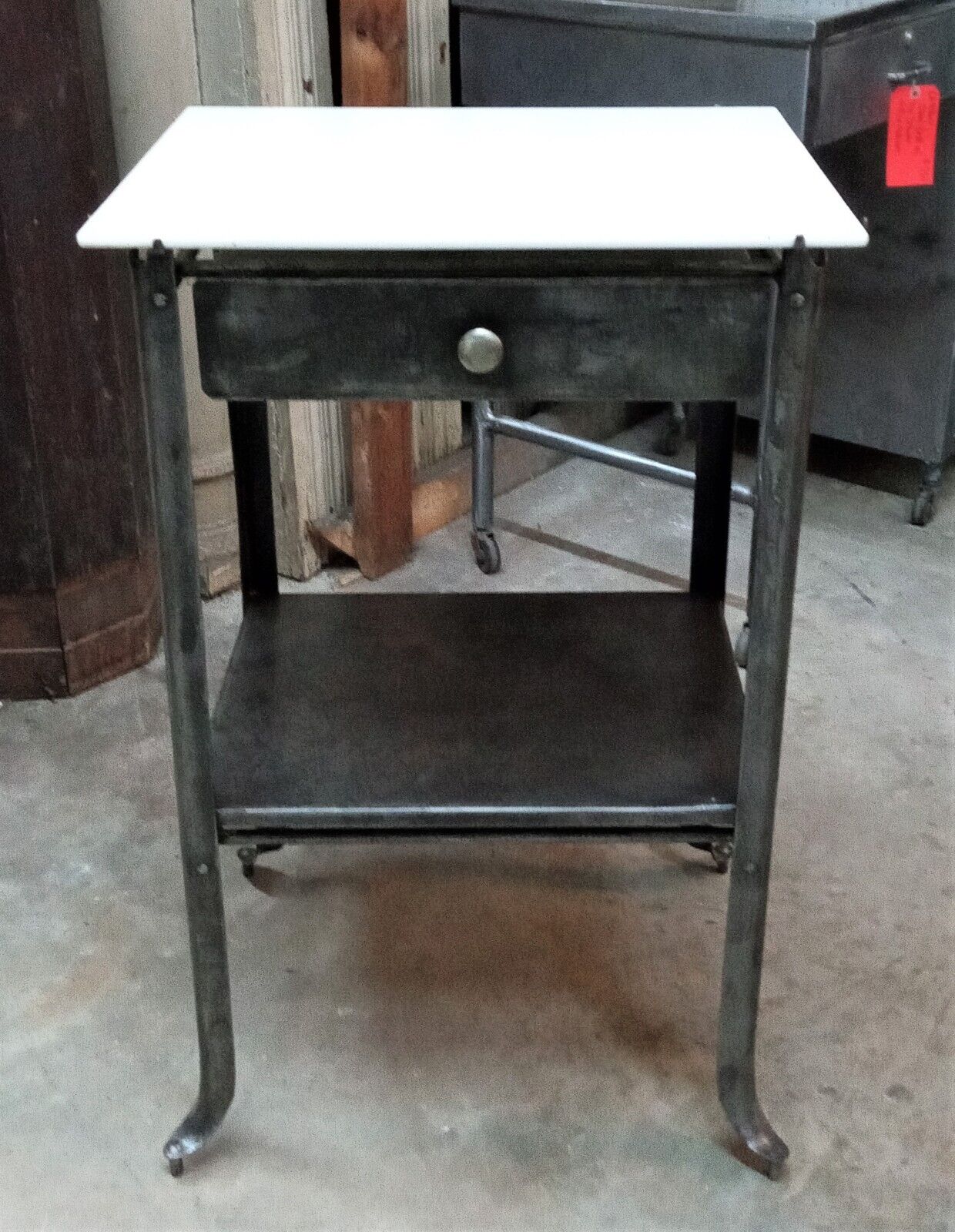 1920's Steel Medical Cabinet with White Vitrolite Glass Top on Wheels GA9361