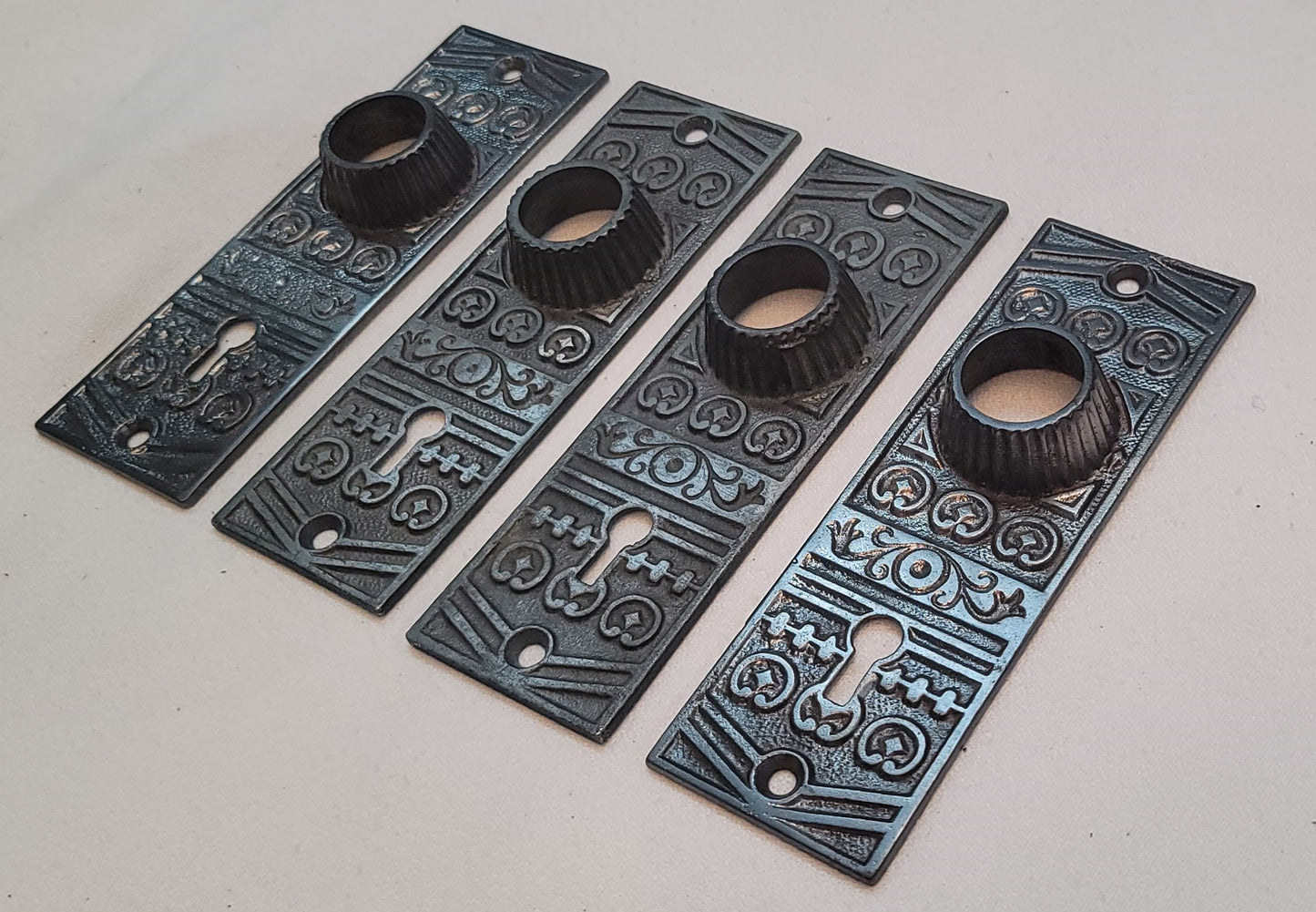Restored Set of 4 Cast Iron Art Deco Backplates 5 1/4" x 1 3/4" GS00590