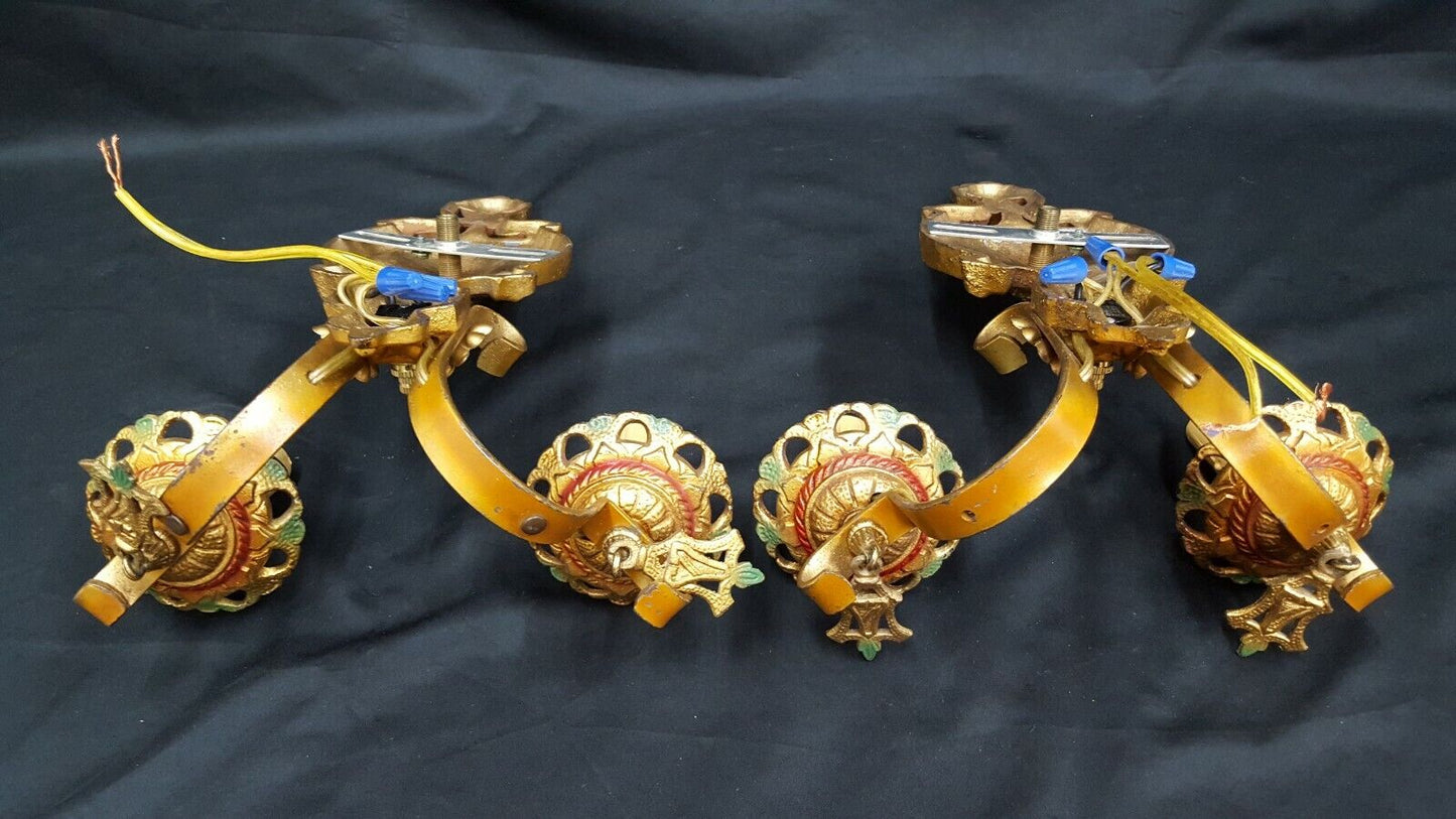 Pair of Ornate Multi Colored Art Deco Cast Iron & Wrought Iron Wall Sconces