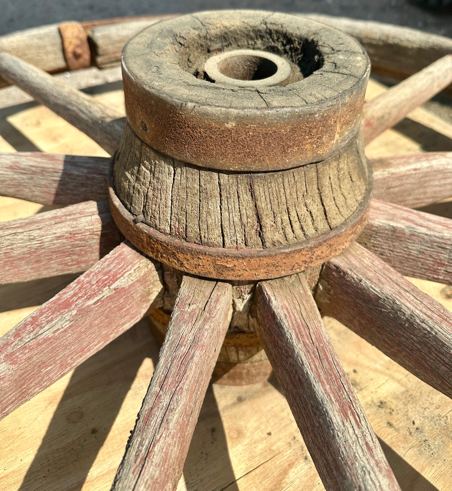 Antique Rustic Wooden Wagon Wheel w/ Forged Iron Rim GA20956
