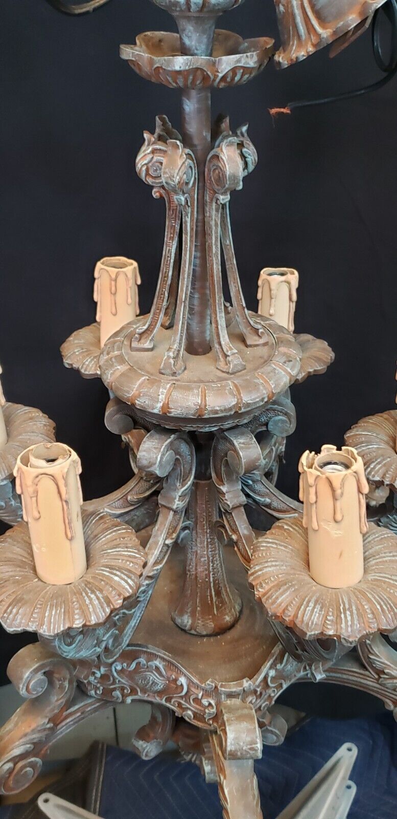 Ornate Gothic Cast Iron Two Tier 12 Light Chandelier & Matching Ceiling Cap