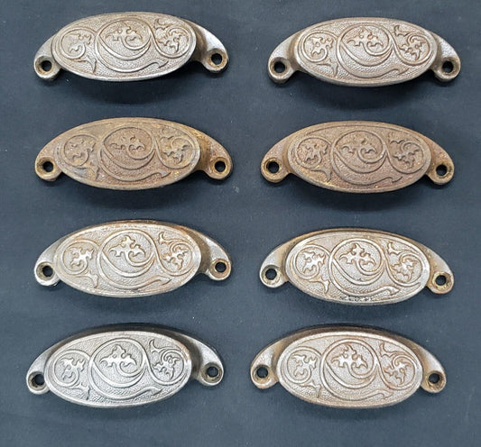 1873's Set of 8 Ornate Cast Iron Oval Furniture Pull Handles
