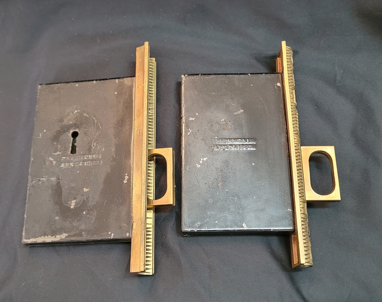 Restored Victorian Eastlake Pocket Door Lock Set 5 3/8" x 3 7/8" GS01046