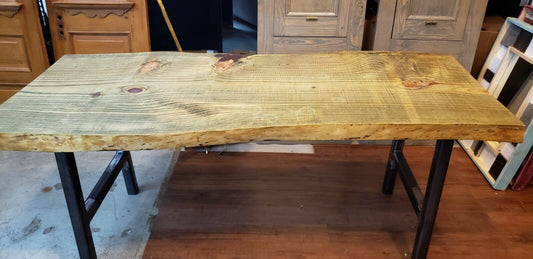6 Foot Long Thick Live Edge Pressure Treated Table with Cast Iron Legs