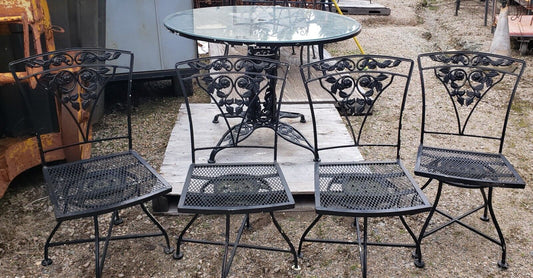 Ornate Wrought Iron Glass Top Umbrella Table & 4 Matching Swivel Chairs GA9778