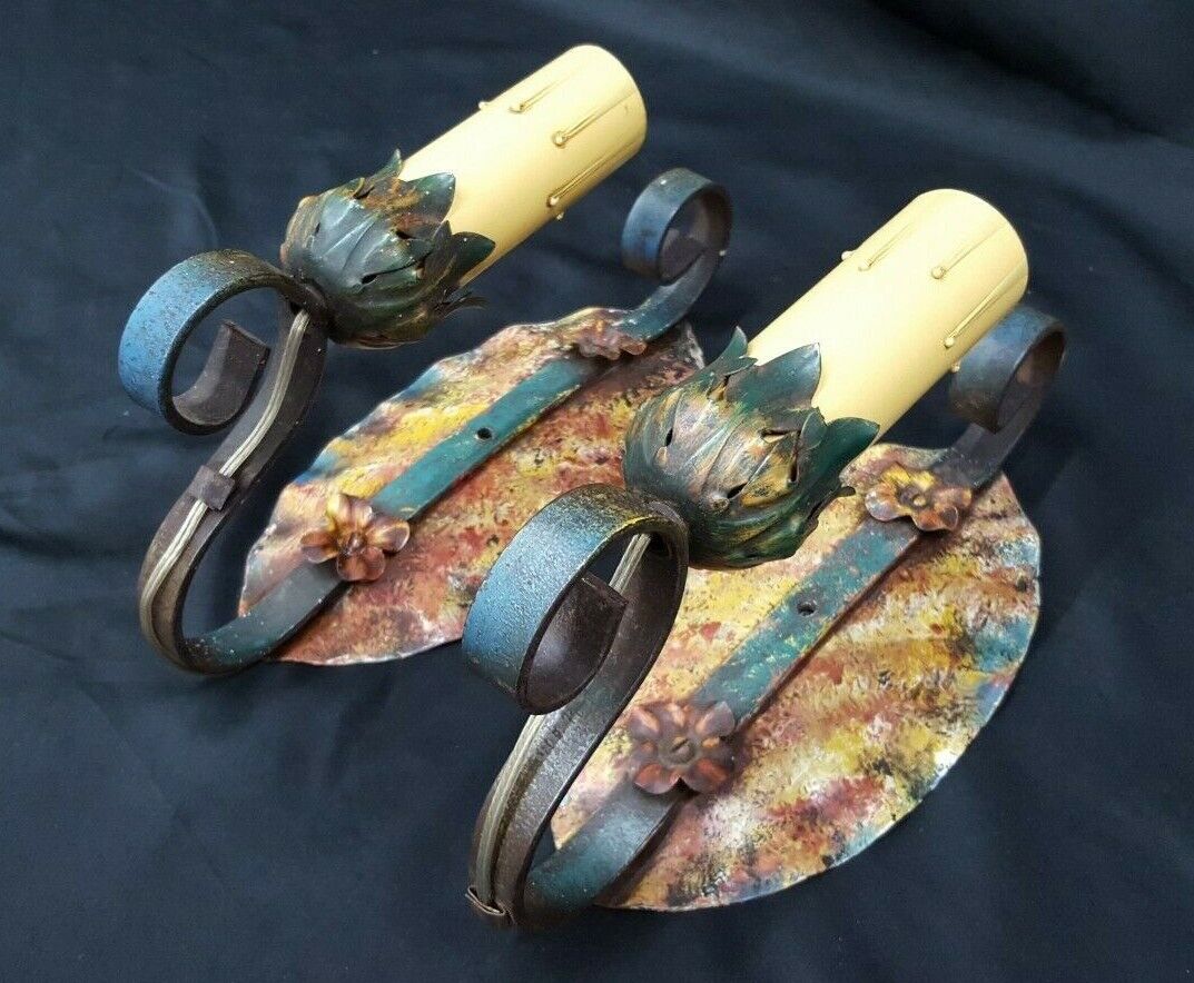 Pair of Architectural Salvage Art Deco Wrought Iron Multicolored Wall Sconces