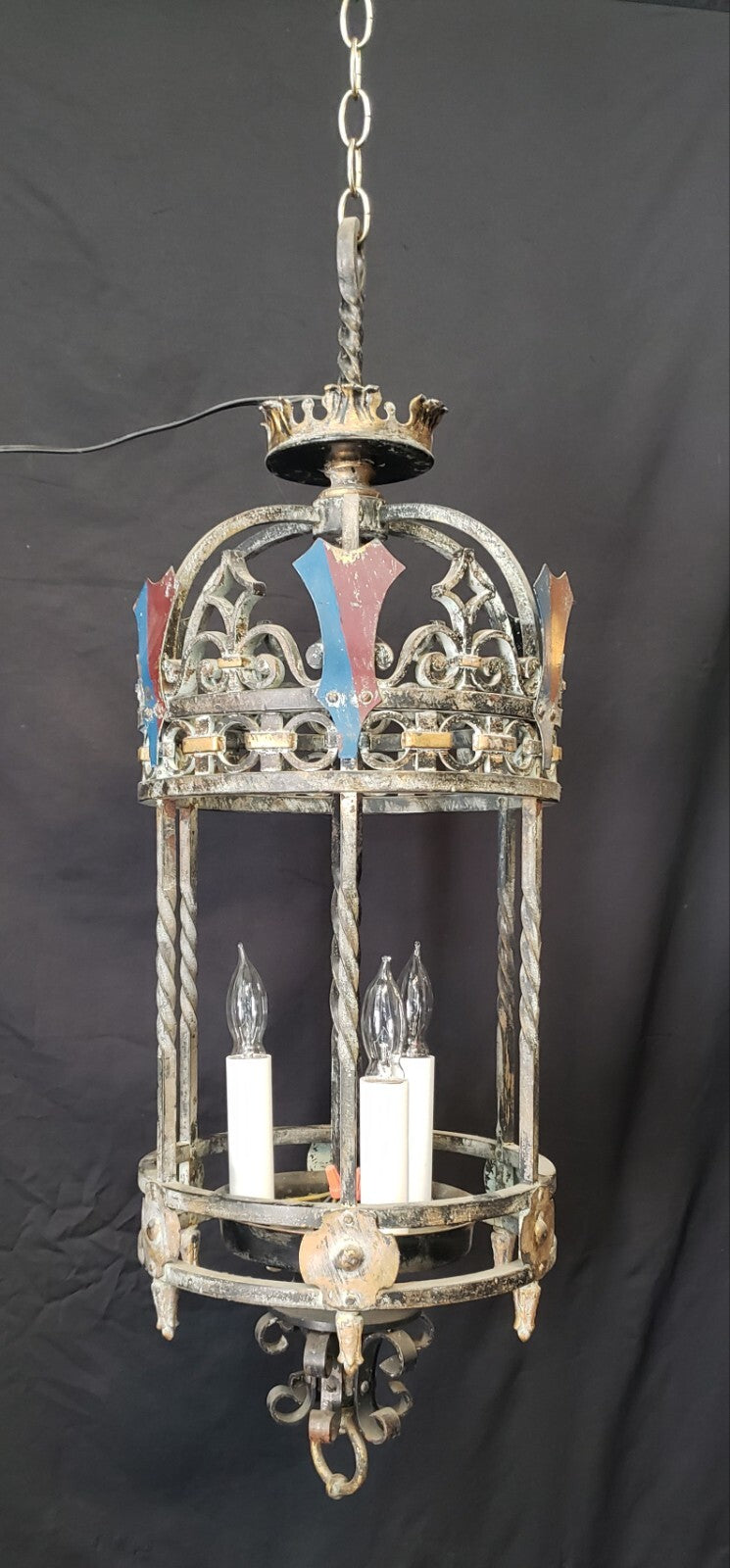 Restored Turn of the Century 3 Light Iron Ceiling Fixture 36" x 12" GS00388