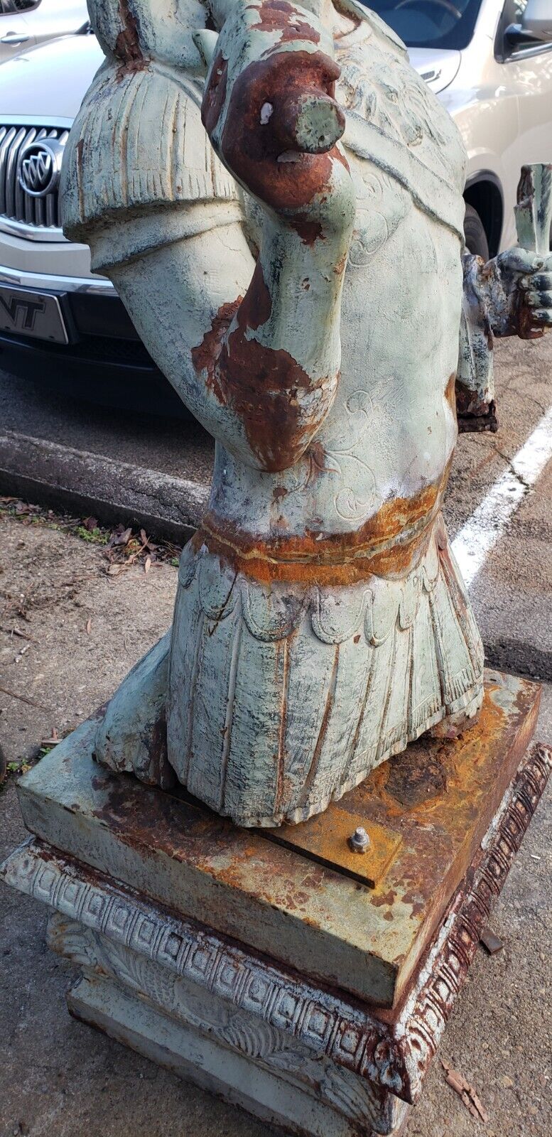 Antique Cast Iron Custom Made Man & Woman Trojan Soldiers on Ornate Pedestals