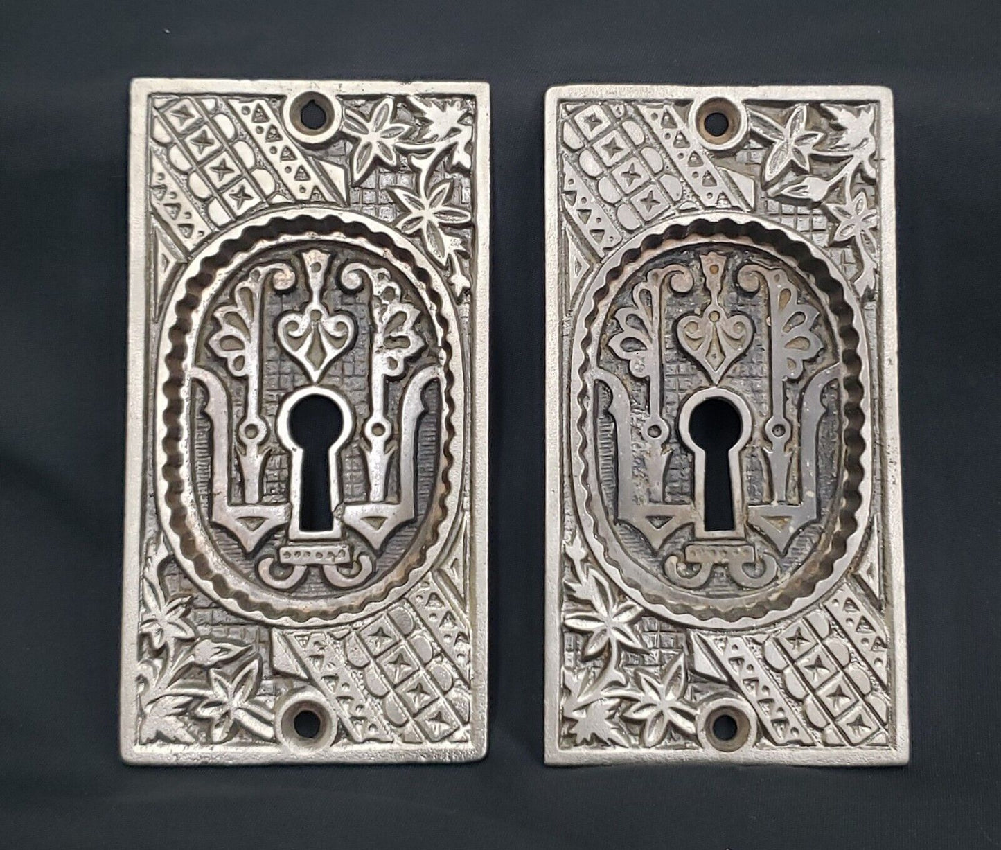 Restored Eastlake Cast Iron Pocket Door Key Hole Plates 4" x 2 1/8" GS00265
