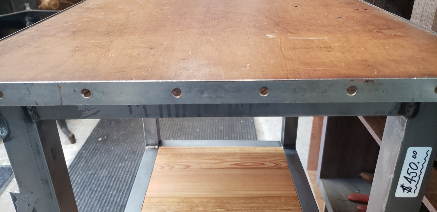Reclaimed Boeing Factory Steel & Heart Pine Flooring Industrial Table #GA9064