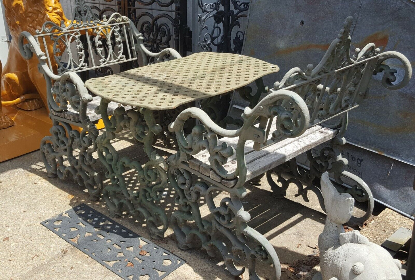 1800's Ornate Victorian Cast Iron Exterior Table with Benches