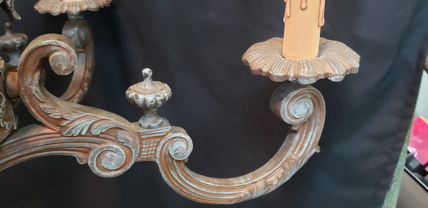 Ornate Gothic Cast Iron Two Tier 12 Light Chandelier & Matching Ceiling Cap