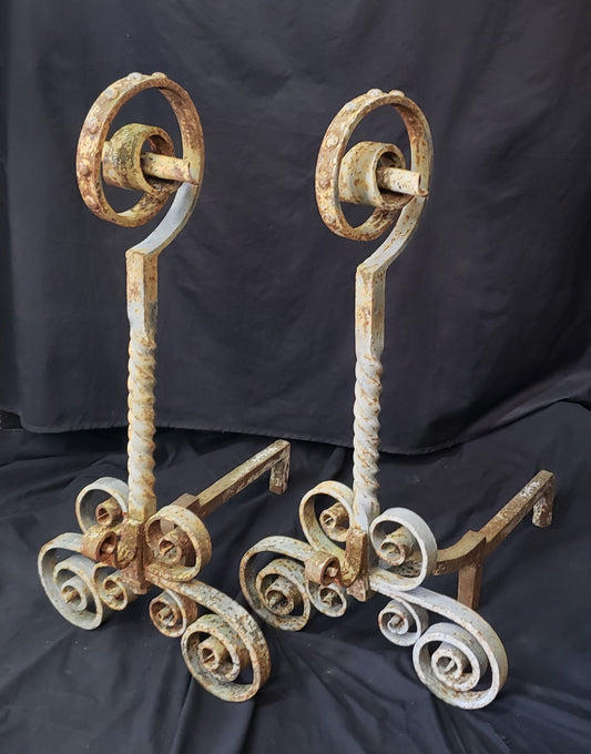 Vintage Pair of Ornate Wrought Iron Andirons 31" T x 25" D x 15 1/2" W GS00830