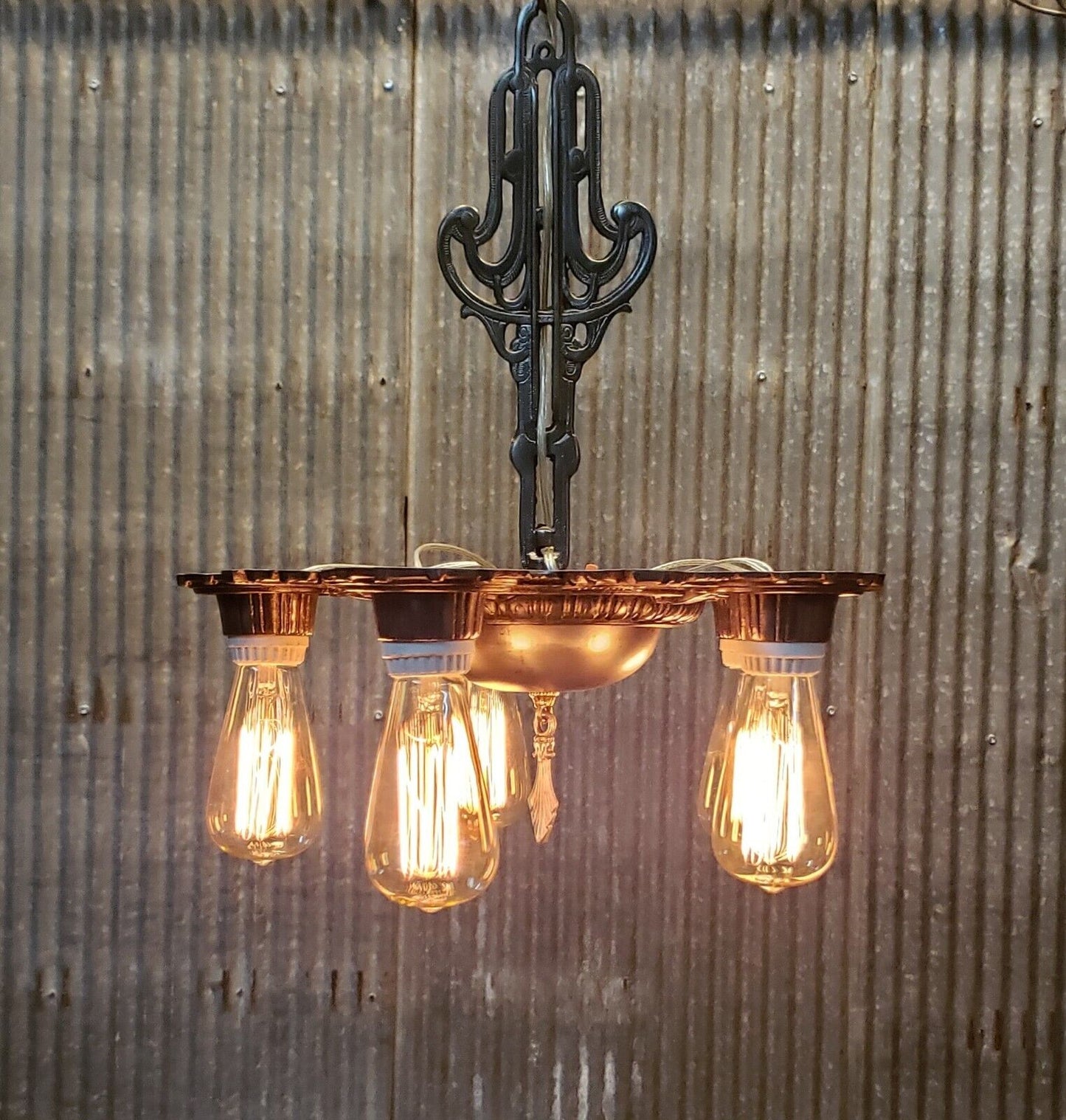 Completely Restored Art Deco 5 Light Cast Iron Black & Silver Chandelier #GA510
