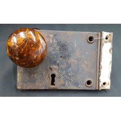Iron Rim Lock Set with Keeper and Brown Porcelain Door Knobs #GA1107