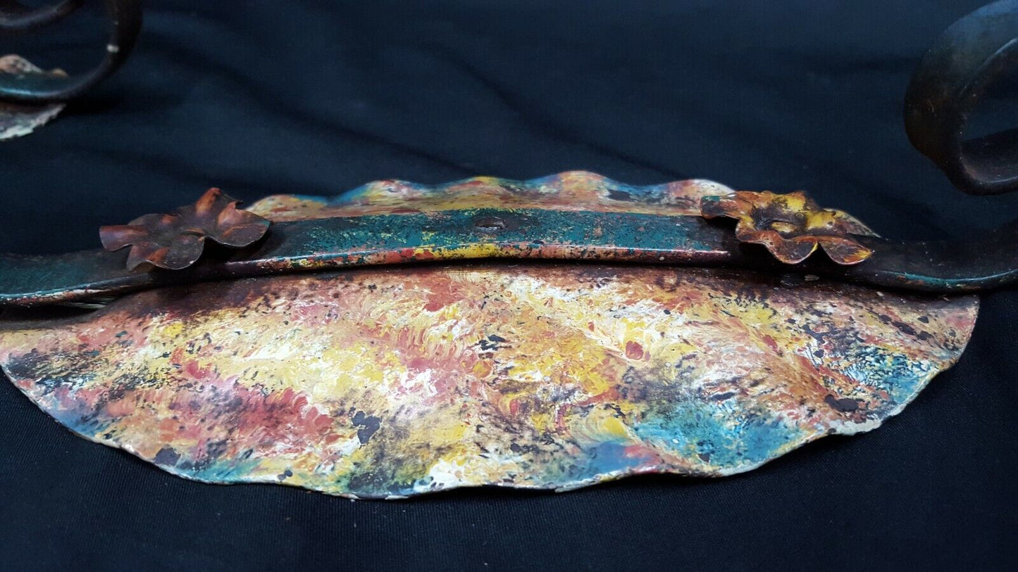 Pair of Architectural Salvage Art Deco Wrought Iron Multicolored Wall Sconces