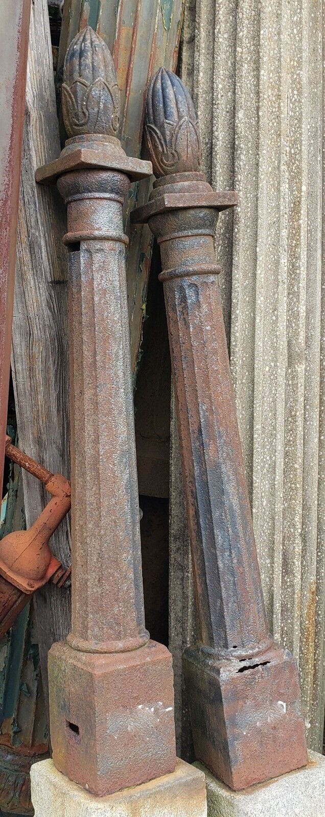 Pair of Cast Iron Fluted Pineapple Top Newel Posts on Granite Anchors GA9348