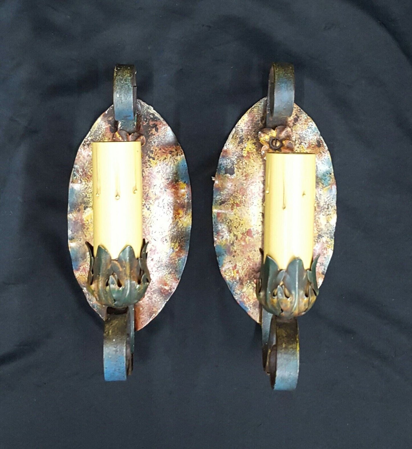 Pair of Architectural Salvage Art Deco Wrought Iron Multicolored Wall Sconces
