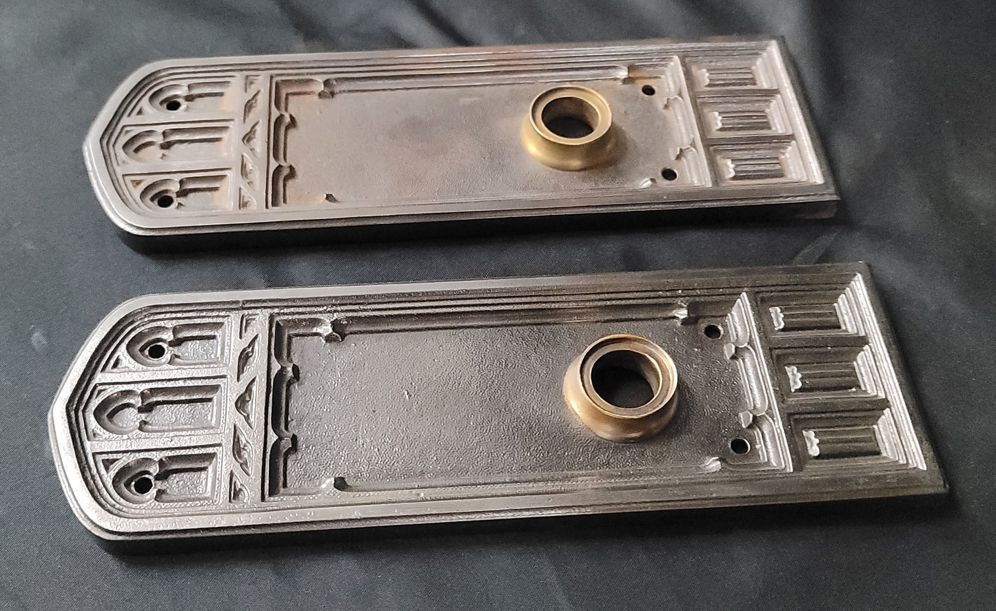 Pair of Restored Cast Iron Art Deco Backplates 8 1/2" x 2 3/4" GS00877