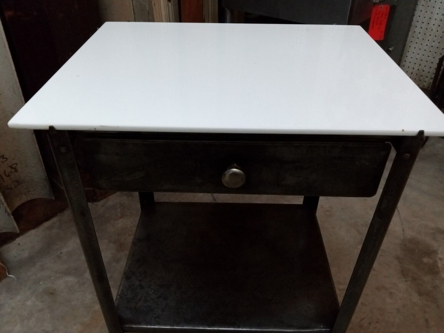 1920's Steel Medical Cabinet with White Vitrolite Glass Top on Wheels GA9361