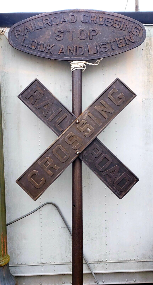 Antique Pole Mounted Cast Iron Railroad Crossing Signs
